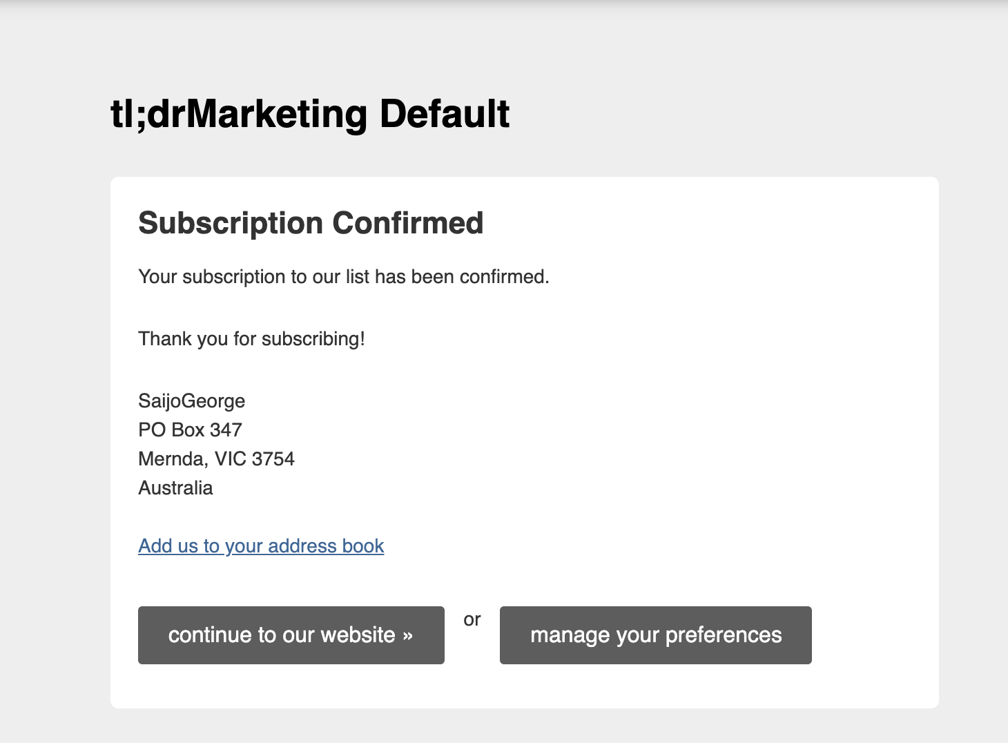 Subscriber confirmation email